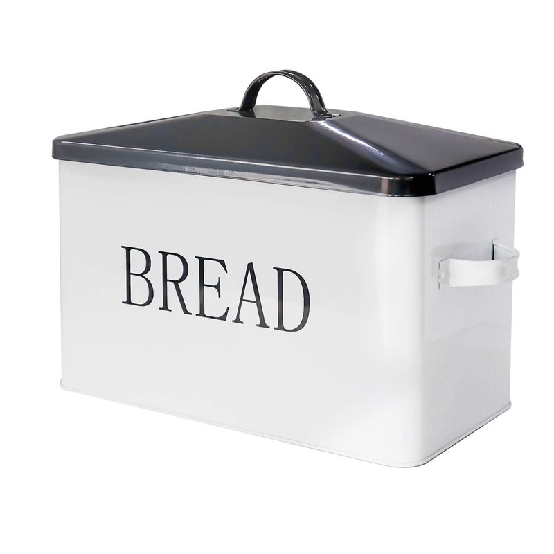 SOTECH Metal Bread Box with Lid for Kitchen Countertop Large Bread Bin kitchen Bread Food Snacks Storage Container Farmhouse BreadBox Grey Lid White Body with Side Handles