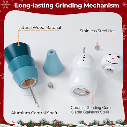 SETRON Christmas Salt & Pepper Grinder Set, Snowman & Tree with Ceramic Core, Refillable Manual Shakers