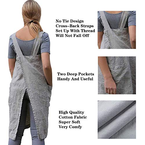 Cotton Linen Cross Back Apron with Pockets for Cooking and Baking