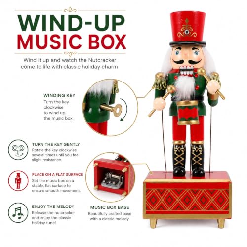 Wooden Nutcracker Music Box - Handmade Christmas Soldier Figurine, 11 Inch Holiday Decor