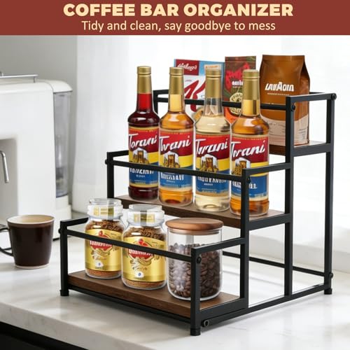 3-Tier Coffee Syrup Rack Organizer - Rustic Countertop Bottle Display Shelf