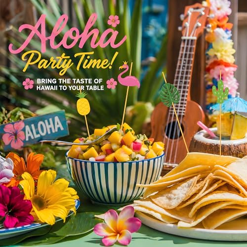 OHOME Luau Party Decorations - 48 Tropical Cocktail Picks with Flamingo, Pineapple & Cactus Designs