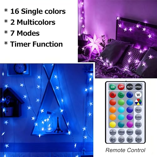 Color Changing Star String Lights - 20ft 40 LED Battery Fairy Lights with Remote