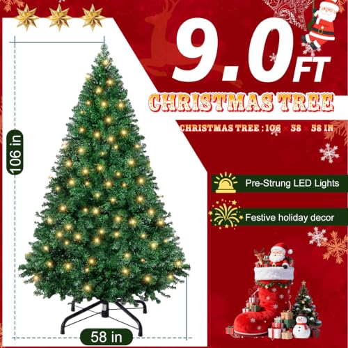 Pre-Lit Artificial Christmas Tree 9 Ft Green with 8 Light Modes - NEWBULIG