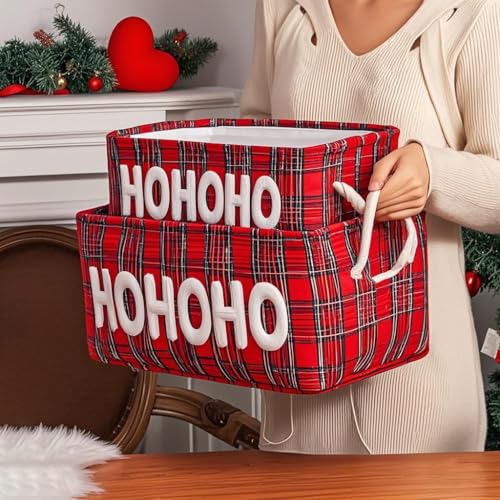 Tidelit HOHOHO Small Christmas Gift Basket with Embroidered Lamb Fleece, Farmhouse Style, Foldable Storage Bin