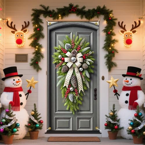 Frosted Pine Swag Christmas Door Cover, 35x71 Inch Holiday Wall Backdrop