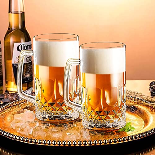 20 oz German Beer Stein Mugs, Clear Tall Beer Glasses with Handle, Set of 2