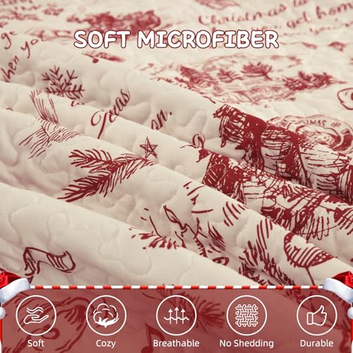 Red King Christmas Quilt Set with 2 Pillow Shams - Microfiber Holiday Bedspread