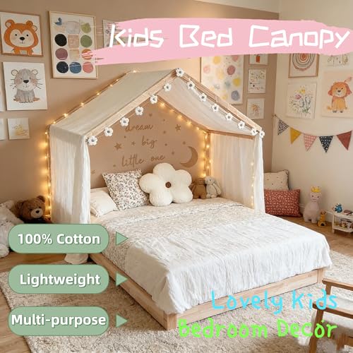 Pink Cotton Princess Bed Canopy - Kids House-Style Bedroom Curtain Drapes