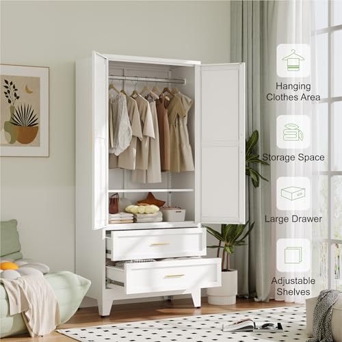 71-Inch Metal Wardrobe Armoire with Hanging Rod and 2 Drawers - White