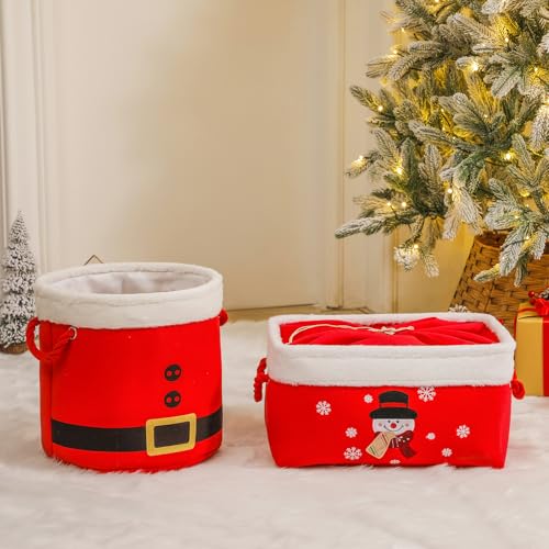 Medium Red Santa-Themed Christmas Storage Basket with Handles – 11.8" Square, Plush Fur Rim