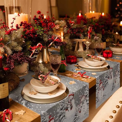 Ueplerts 13 x 72 Grey Christmas Table Runner – 72in Long Snowman Snowflake Farmhouse Decor
