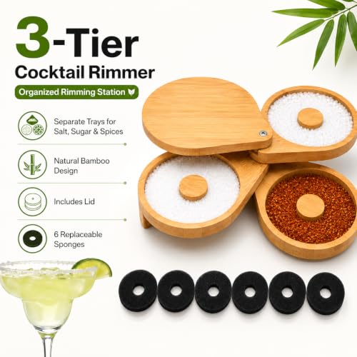 Wadoy 3-Tier Bamboo Cocktail Rimmer Set with Protective Lid & Replaceable Sponges
