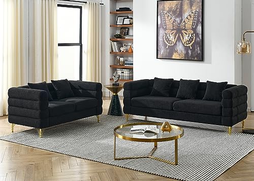 2-Piece Teddy Bouclé Cloud Sofa Set with Gold Legs - 3-Seater & Loveseat