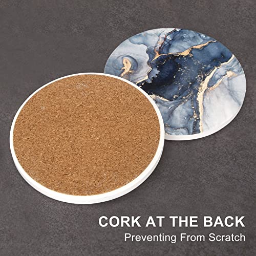 Navy Blue Marble Ceramic Coasters Set of 6 with Gold Metal Holder - Absorbent & Non-Slip