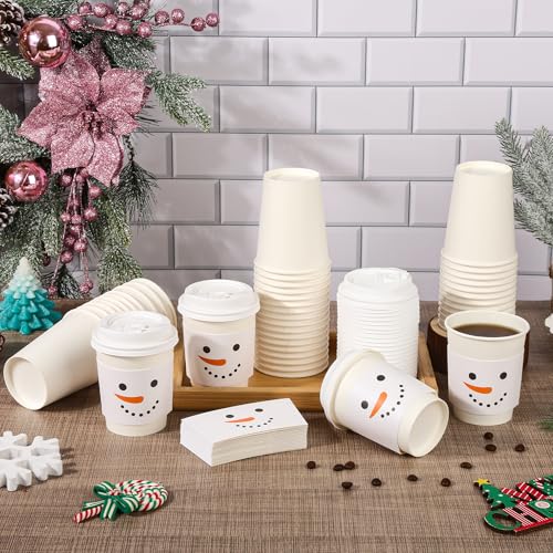 AimFun White Snowman Disposable Coffee Cups Set with Lids & Sleeves - 50 Pack