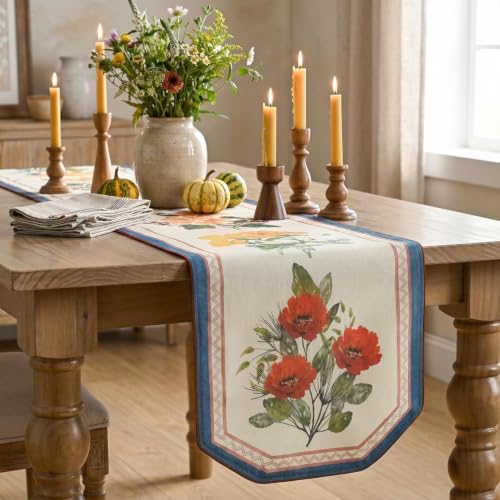Artoid Mode Beige Blue Floral Farmhouse Linen Table Runner 13x72 Inch - Durable & Elegant Home Decor