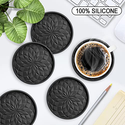 Silicone Drink Coasters with Holder - Set of 6 Non-Slip Cup Mats (Black)