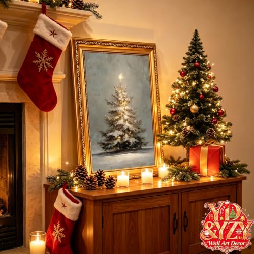 YD&YZY Vintage Snowy 2026 Christmas Tree Wall Art 16x24 in - Framed Gold