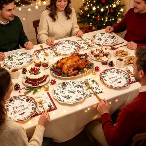 CENLBJ 100Pcs Christmas Plates & Napkins Set, Holly Berry Pine Cone 9in/6.5in - Vines Variation
