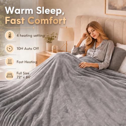 Electric Heated Blanket Full Size 72"x84" - Light Grey, 5 Heat Settings, Auto Shut Off