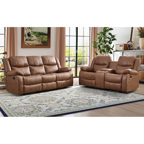2-Piece Faux Leather Reclining Sofa and Loveseat Set, Brown