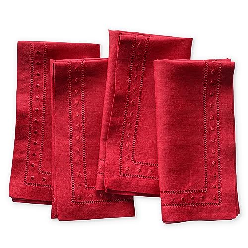 Red Linen Napkins Set of 4 18x18 Inch Embroidered Swiss Dot, Handcrafted