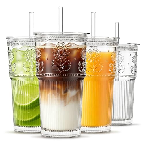 20oz Sunflower Glass Tumbler Set with Lids and Straws - 4 Pack