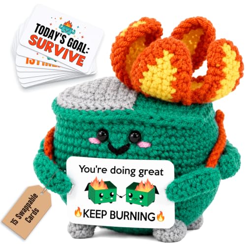 Handmade Crochet Dumpster Fire Desk Decor with 16 Funny Affirmation Cards