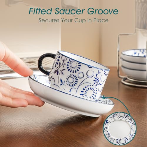 Vancasso 4oz Porcelain Espresso Cups Set of 4 with Saucers & Metal Stand - Stackable Coffee Mugs