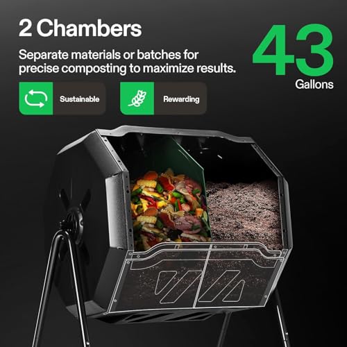 Dual Chamber Tumbling Composter 43 Gallon Rotating Compost Bin for Garden