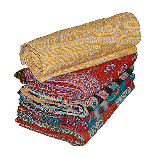 Handmade Vintage Kantha Quilt - Reversible Cotton Throw Blanket (54 x 84 inches)