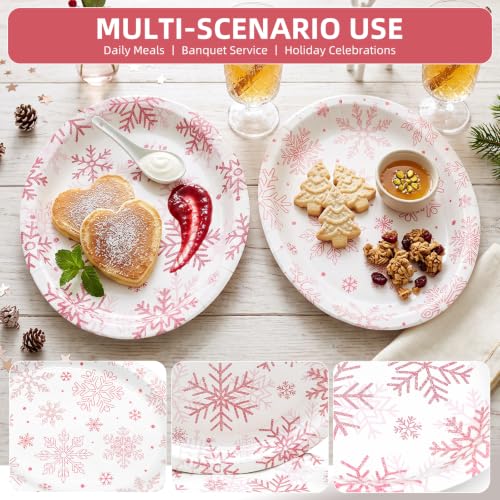 Temicle Rustic 50 Pcs Christmas Oval Paper Plates 9 x 11in Pink Snowflake – Disposable Holiday Dinner Plates