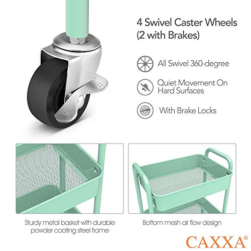 3-Tier Rolling Metal Utility Cart - Mobile Storage Organizer, Aqua Green