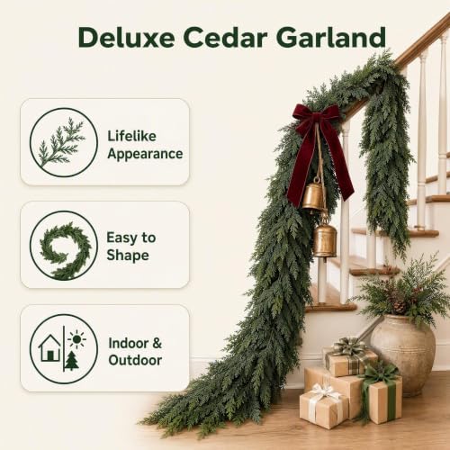 SaijinGlow 9ft Real Touch Cedar Christmas Garland – Green (Christmas Green) with Flexible Wire