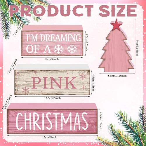 Lineshading Pink Christmas Tree Sign 4-Piece Wooden Table Decor Set