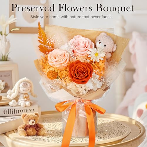 Preserved Orange Roses Bouquet with Stuffed Bear & Luxury Gift Box