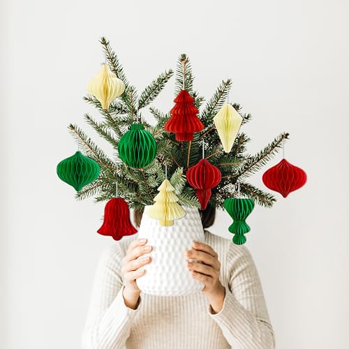 Renbuzhu Classic 30pcs Christmas Honeycomb Ornaments Set - Red Green Cream, 3.9in Hanging Decor