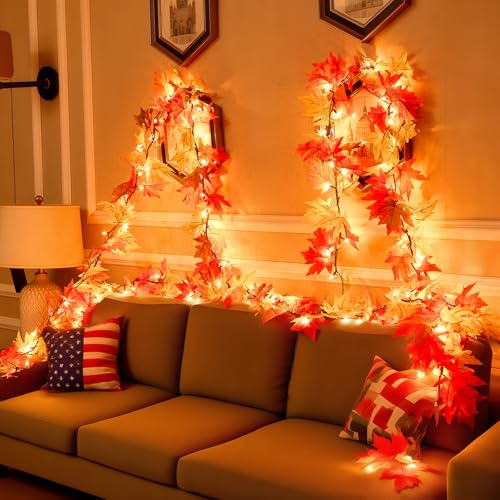 9ft Lit Fall Leaves Garland with 50 Bulbs - Plug-In Autumn Mantle Decor