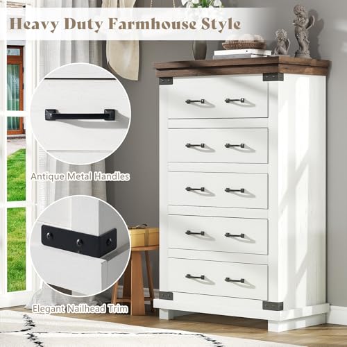 2-Piece Rustic Farmhouse Queen Bed Frame and 5-Drawer Dresser Set