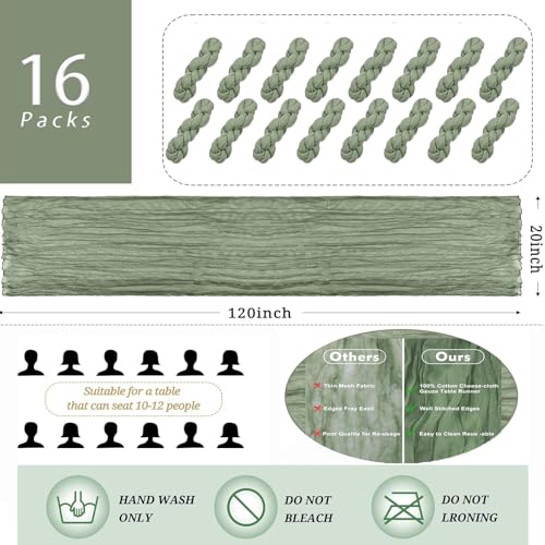 16 Pack Sage Green Cheesecloth Table Runners, 20 x 120 Inch Gauze Table Decor