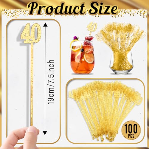 40th Birthday Gold Glitter Drink Stirrers - 100 Pcs Celebratory Cocktail Sticks