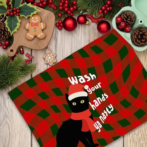 Christmas Black Cat Santa Hat Kitchen Towels - Red & Green Checkered Hand Towels, 16x24in, Gift for Cat Lovers