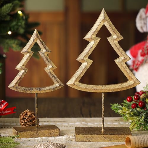 2 Pcs Wooden Christmas Tree Table Decor Rustic Gold Xmas Tree Tabletop Signs and Centerpiece Winter Wood Tall Standing Block Christmas Centerpieces for Home Party Table Shelf Decorations