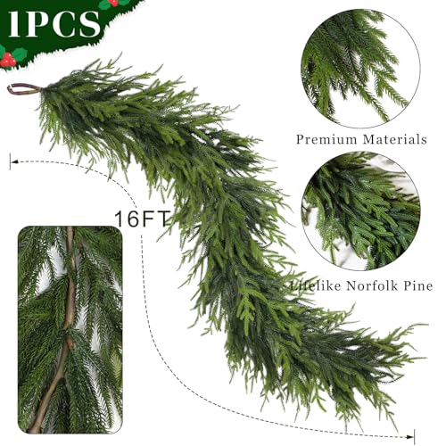 YXZZWL 16FT Artificial Christmas Garland Faux Norfolk Pine for Stair & Fireplace Decor