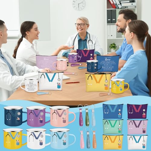 Hushee Nurse Appreciation Gift Set, 18 Pcs - 6 Enamel Mugs, 6 Makeup Bags, 6 Keychains (Gentle Color / 18)