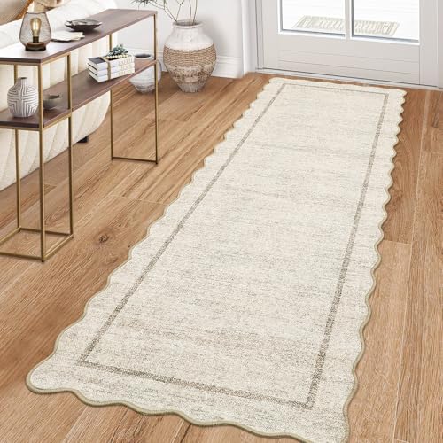 Scalloped Washable Runner Rug 2x6, Non-Slip Beige Kitchen & Hallway Rug