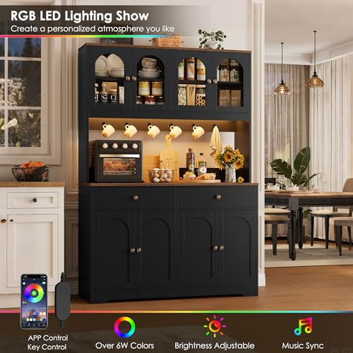 71-Inch Tall Kitchen Pantry Cabinet with RGB LED, Power Outlet and Hutch