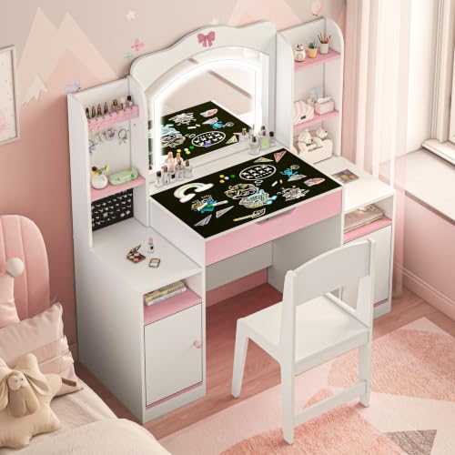 3-in-1 Kids Vanity Desk and Chair Set with LED Mirror and Storage