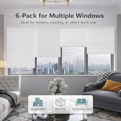 6 Pack Temporary Pleated Paper Shades | Cut to Size, Adhesive, No Tools